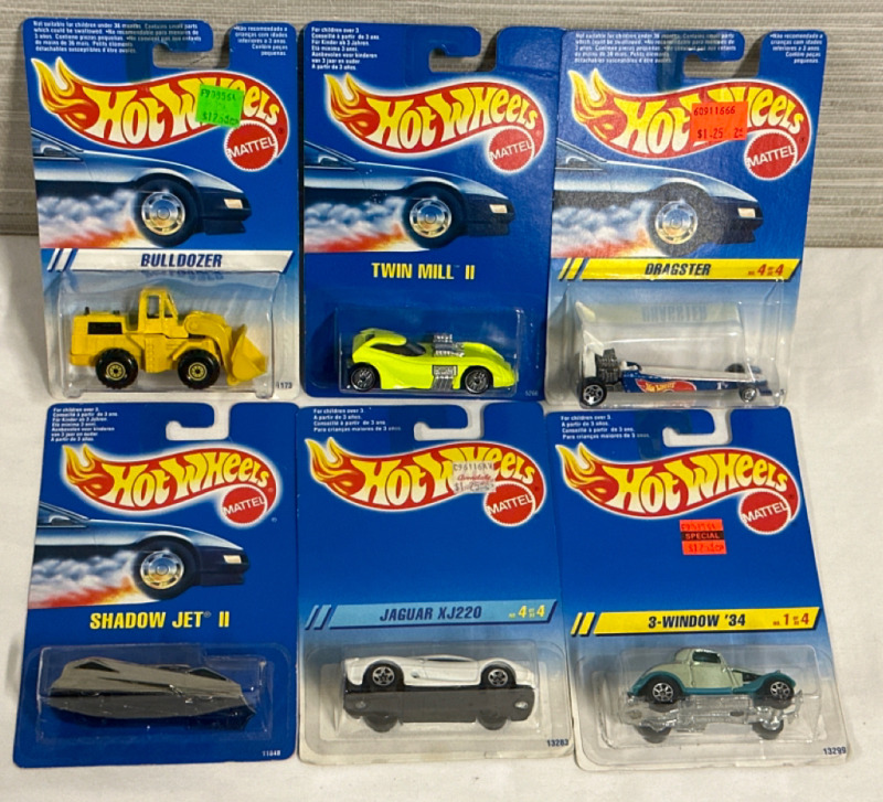 6 Vintage Sealed Hotwheels 1991-1995 Twin Mill ll 5266, Bull Dozer #1173, Dragster 4 of 4 #13265, Shadow Jet ll #11848, Jaguar XJ220 4 of 4 #13283 & 3-Window ‘34 1 of 4 #13299 Mattel