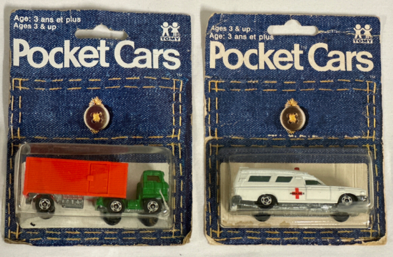 2 Vintage Sealed 1970’s Tomy Tomica Pocket Cars Hino Semi-Trailer & Toyota Ambulance Made in Japan