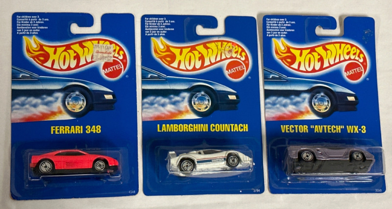 3 Vintage Sealed Hotwheels 1990’s Ferrari 348 #4348, Vector Avtech WX-3 #3050 & Lamborghini Countach #3794 Mattel