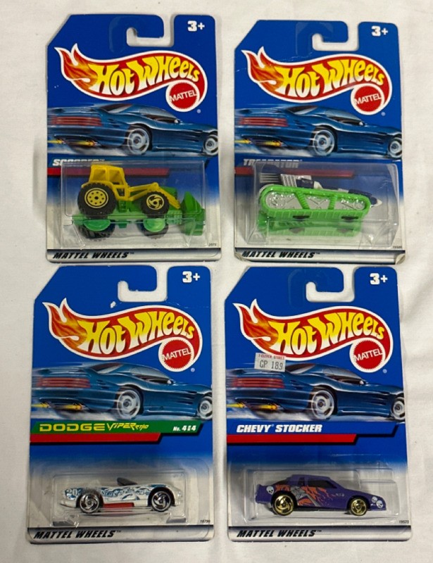 4 Vintage Sealed Hotwheels Scooper #2075, Treadator #19500, Dodge Viper RT/10 4 of 4 #18790 & Chevy Stocker #19573 1997 Mattel