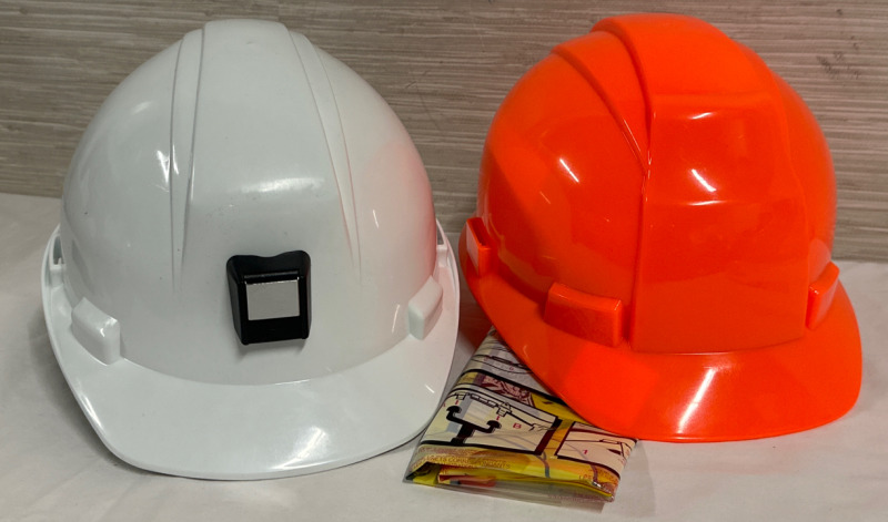 2 As New Hard Hats White Dynamic With Front and Back Clip and Orange WorkHorse High Visibility