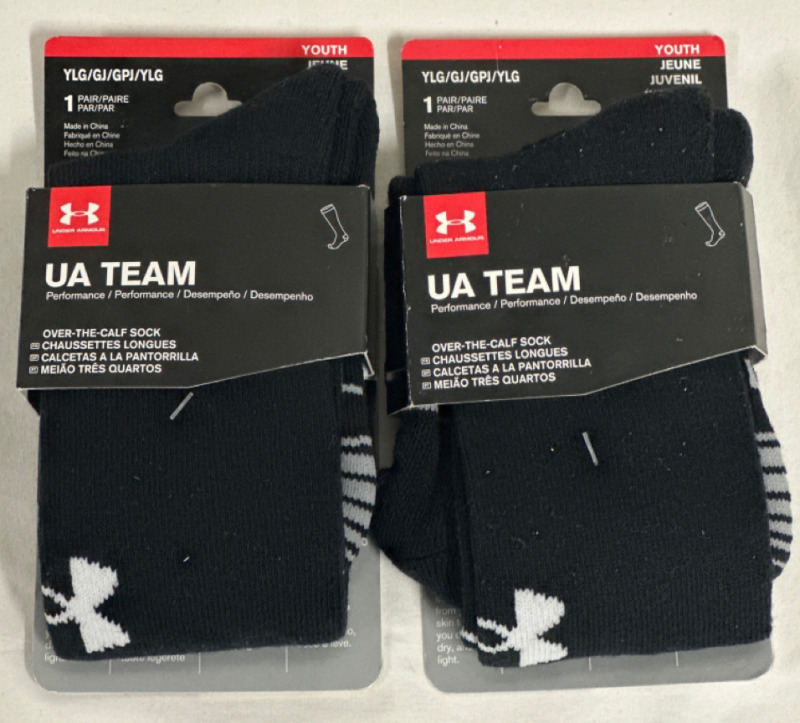 2 New Youth Large Under Armour Over The Calf Performance Socks Black Grey & White