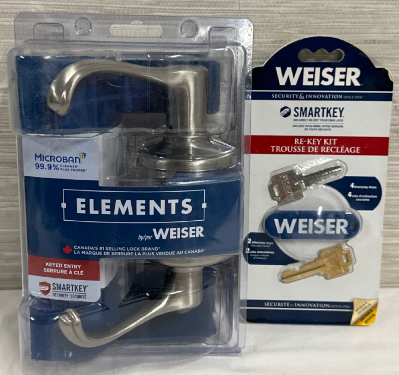 New Weiser 9GLC5350-055 Satin Nickel Steel Entry Locksets Door Handle With Weiser Smart Key Re-Key Kit