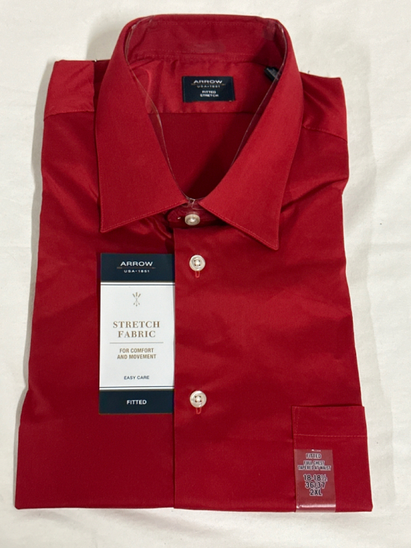 New With Tags Arrow 2XL Fitted Stretch Fabric Dress Shirt Red Full Cheat Tapered At Waist 18-18 1/2 36/37