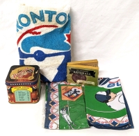 Vintage Baseball Collectables : 1982 Blue Jays Towel, Baseball Legends Collectable Tin, 1956 Copy of "The Vest-Pocket Encyclopedia (Paperback), 2x 1992 Ontario Lottery Baseball Bandanas