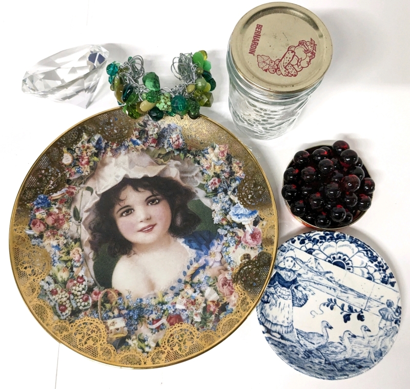 Assorted Vintage Finds: Ruby Glass Marbles, Bernardin Jam Jar, Diamond-Shaped Paperweight, Beaded & Wire-Wrapped Open-cuff Bracelet, Delfts Blue Holland Mini Plate & Collector Plate