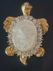 Carved Milk Glass Rhinestone Turtle Brooch