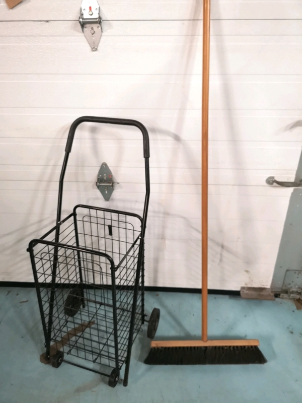 Folding Metal Shopping Cart + Broom