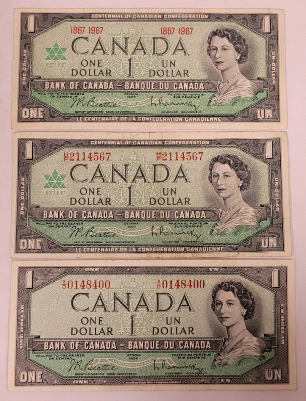 1954 & 1967 Canadian Bank of Canada One Dollar Bank Notes , Three (3) Bank Notes . 1954 ×1 & 1967 ×2