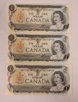 1973 Canadian Bank of Canada One Dollar Bank Notes with Consecutive Numbers . Three (3) Bank Notes