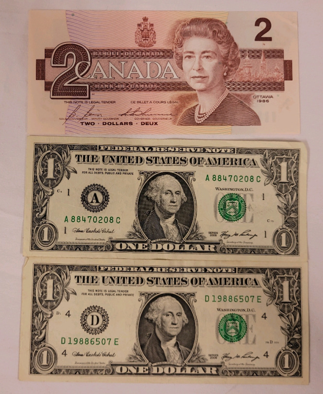 1986 Canadian Bank of Canada Two Dollar Bank Note & Two (2) 2006 USA One Dollar Bank Notes