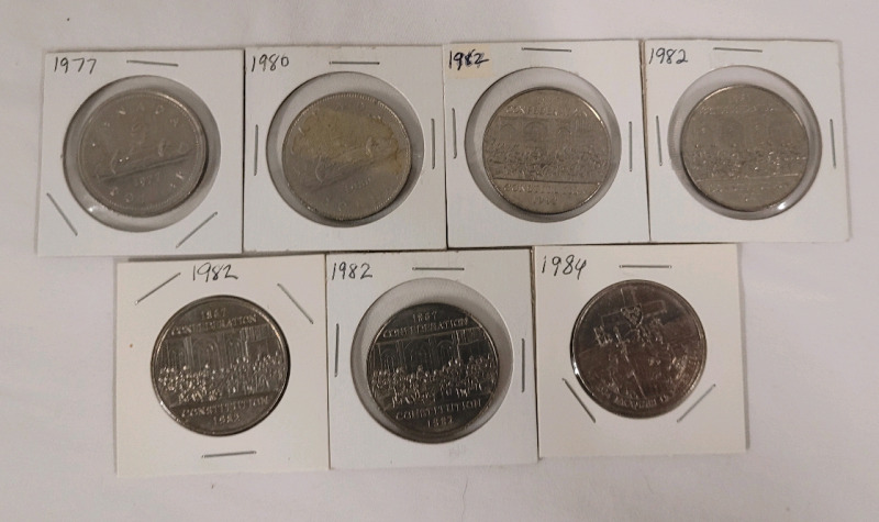 1977 - 1984 Canadian One Dollar Coins . Seven (7) Coins