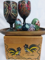 Hand Crafted Painted Wooden Cups And 3 Wood Eggs With A Wood Tray 10"X5" And Wooden Box 6"x3.5"