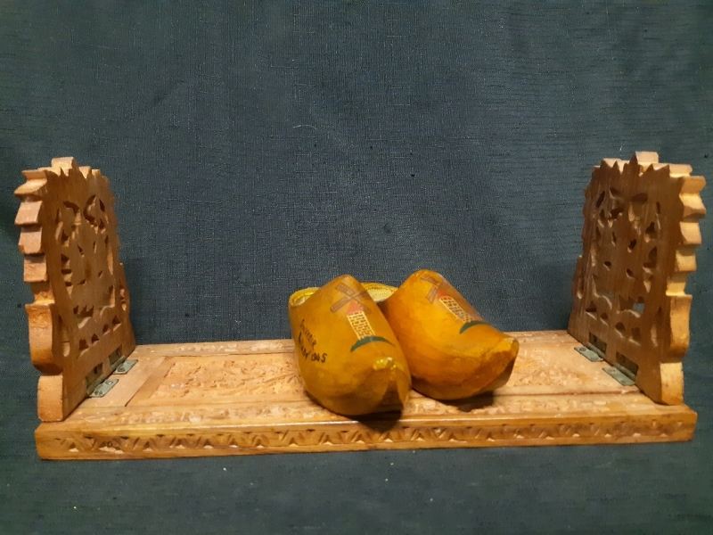 Vintage Carved Wood Expandable Book Holder Bookends For Desk ( 12" - 19" Long) and Vintage Pair Of Wooden Hand Painted Clogs (6" long)