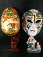 4 Pcs 1 Small Vintage Paper Mache Egg, 1 Jester Carnival Face Wall Mask, 1 Vintage Miniature Mushroom Fairy House With Bunnies, 1 Smiling Miniature Buddha Arms Over Head