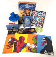 New LOOT CRATE : JAWS Drain Stipper, Blizzard Cute but Deadly Magnets & Hearthstone Stress Ball, Farscape "My Other Ride is a Leviathan" Bumper Sticker, TMNT Enamel Pin, Doctor Who Magazine & 4 Marvel Spider-Man Prints 5" x 7"