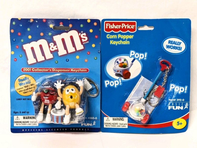 Vintage 2000 As-New Keychains M&Ms & Fisher-Price Corn Popper (They really work!)