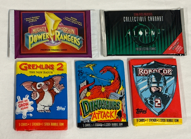 5 Sealed Vintage Non Sports Trading Card Packs 1992 Star Picks Alien 3, 1994 Mighty Morphin Power Rangers, 1990 Topps Gremlins 2, 1988 Topps Dinosaurs Attack & 1990 Topps Robocop 2 Trading Cards and Stickers