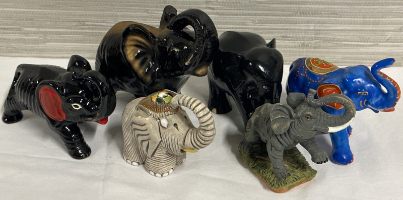 6 Piece Elephant Lot Including 2 Grey Clay Elephants, 1 Wood Black Elephant and 1 Blue 2 Black Ceramic Elephants Made in Japan