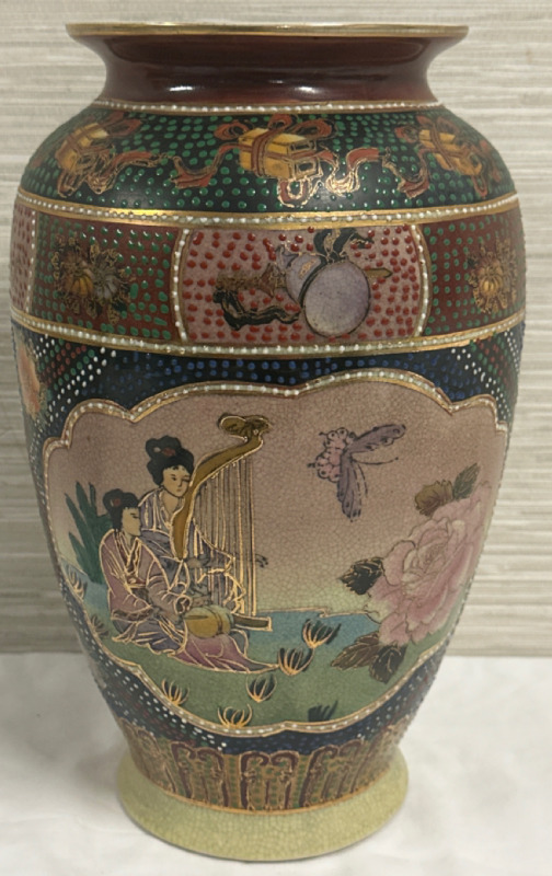 Vintage Japanese Pottery Vase Hand Painted Multi Colored Textured Scene