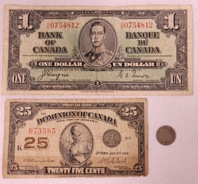 1914 Canadian Silver Nickel , 1923 Canadian Shin Plaster & 1937 Canadian One Dollar Bank Note