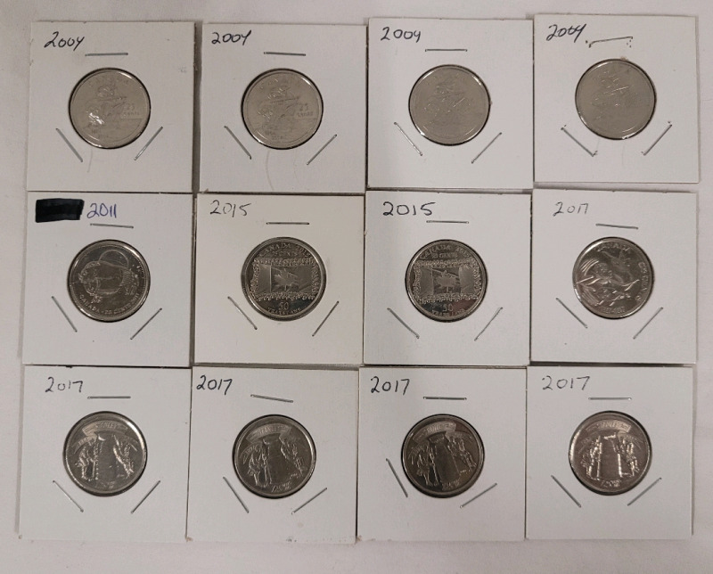 2004 - 2017 Canadian Quarters with Various Logos on Reverse . Twelve (12) Quarters