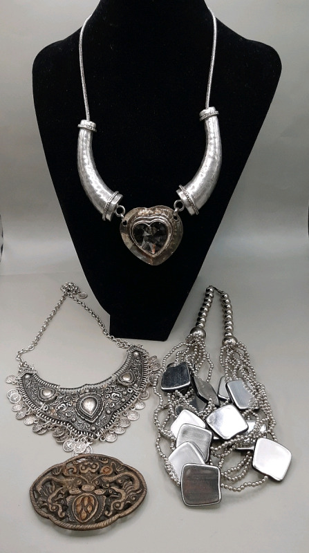 Vintage Costume Jewellery. Three necklaces and one brooch. Heart necklace is 19" long