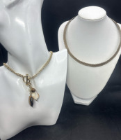 Lovely Toggle Necklace Tigers Eye Pearls & Wide Hard Collar Choker