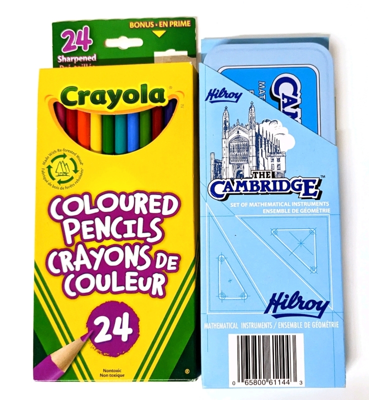 New Crayola (24) Coloured Pencils & Hilroy The Cambridge Set of Mathematical Instruments in Tin