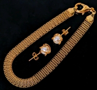 Lovely Matching Barzel Gold-Tone Bracelet (7.5") and Faux Pearl Earrings