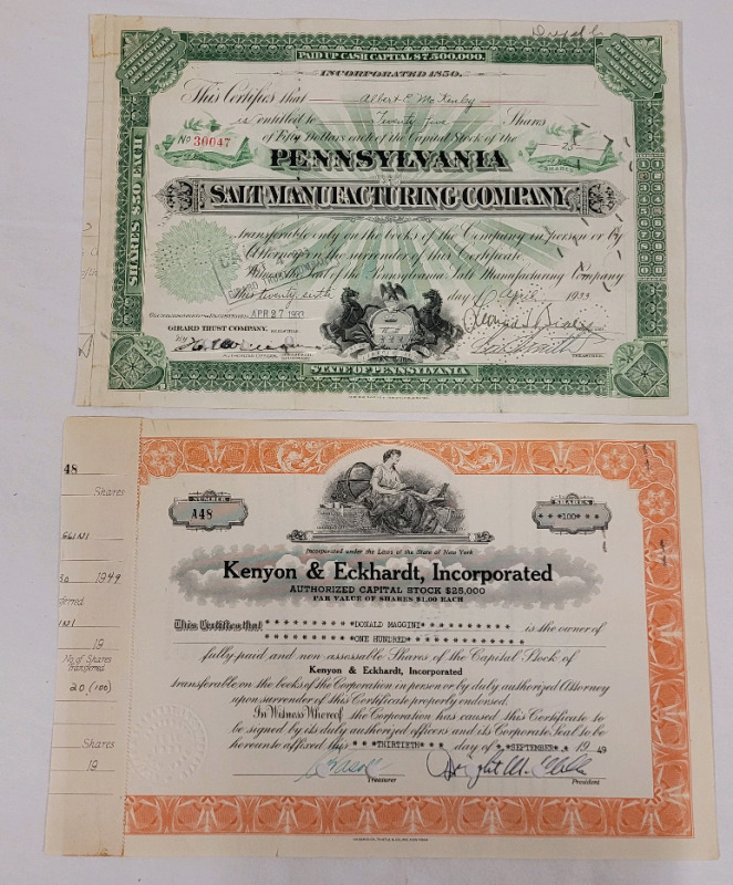 1933 & 1949 Vintage Company Stock Certificates