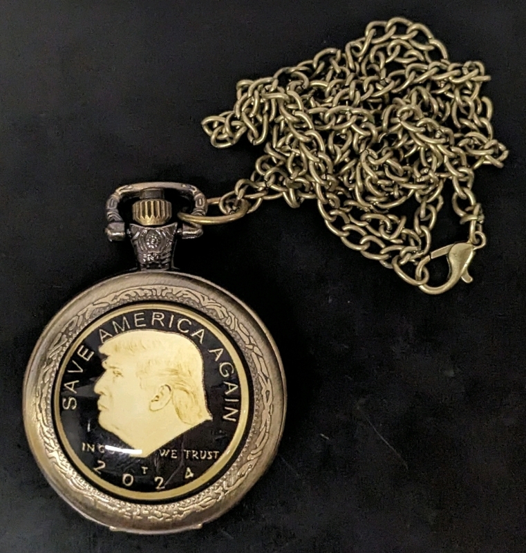 As-New 2024 Donald Trump "Save America Again" Pocket Watch / Necklace Watch | Working | Watch 1.5" Long on 30" Chain (Magnetic)