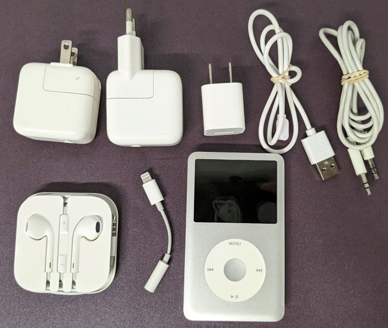 Apple Wall Chargers incl EU Version, Corded EarPods, Insignia Aux Cord w Aux-to-Ligthtning Adapter & Vintage 160GB iPod Classic (As-Is) A1238 | Does Not Include Charger