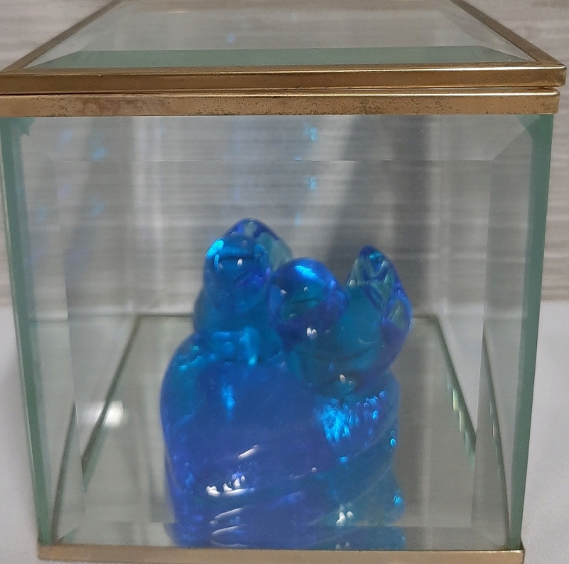 Vintage Bluebird of Happiness Inside a Bevelled Glass & Brass Box Bluebirds are signed and dated