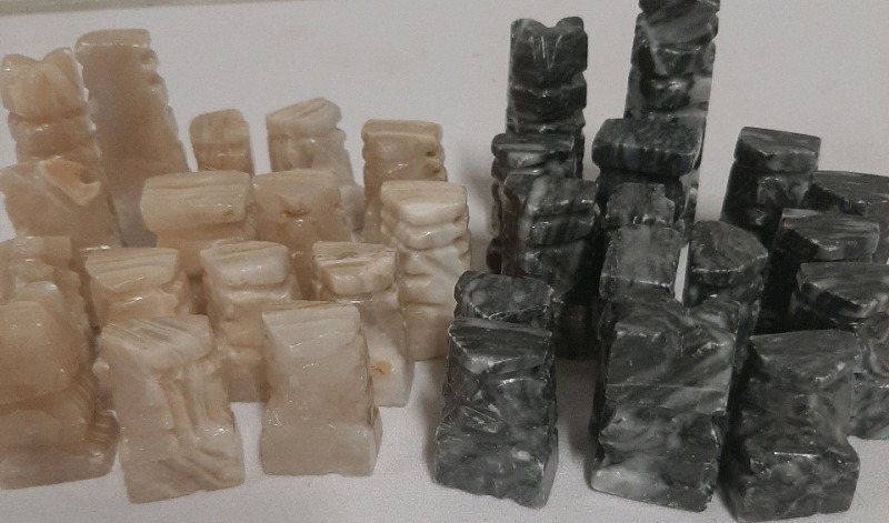 Vintage Carved Stone Chess Pieces 32 in all