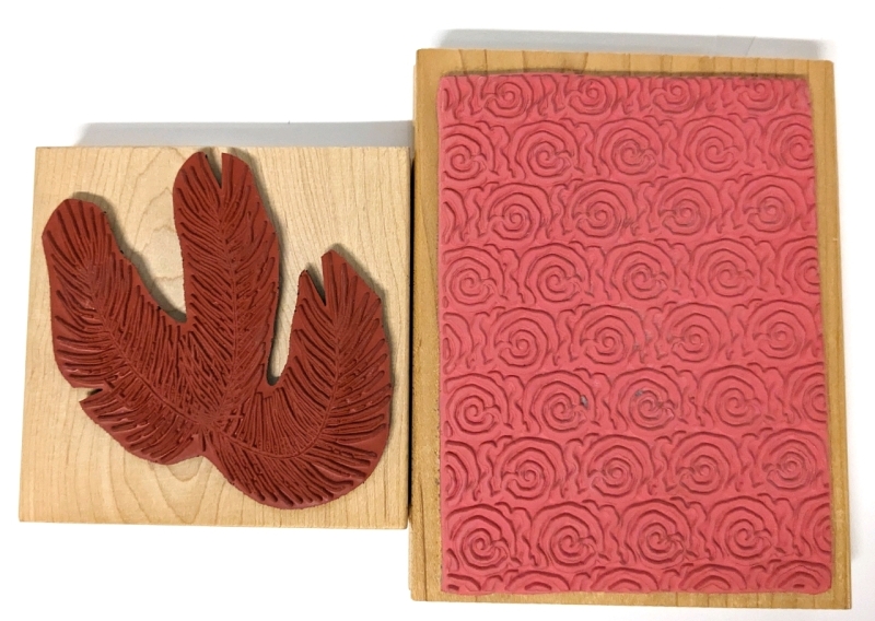 2 Large Block Rubber Stamps : Pine Needles (4.5" x 4.5") & Swirling Roses Pattern (5" x 6.5")