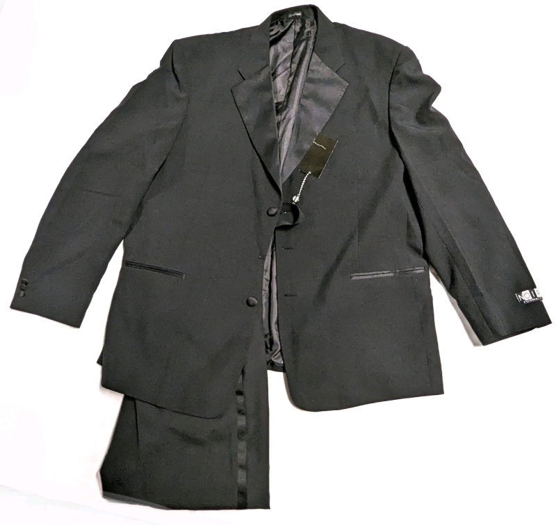 Men's Size W44 T50 Noir Formal Suit Jacket & Unsized Elite Dress Pants w Built-In Suspenders