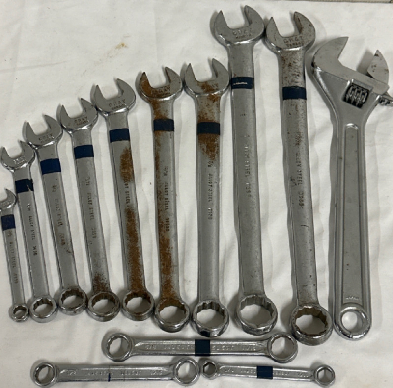 13 Piece Wrench Lot Including 9 Gray Canada Open-End Wrenches 3 Indestro Select USA Combination Wrenches and a Japan Adjustable Wrench