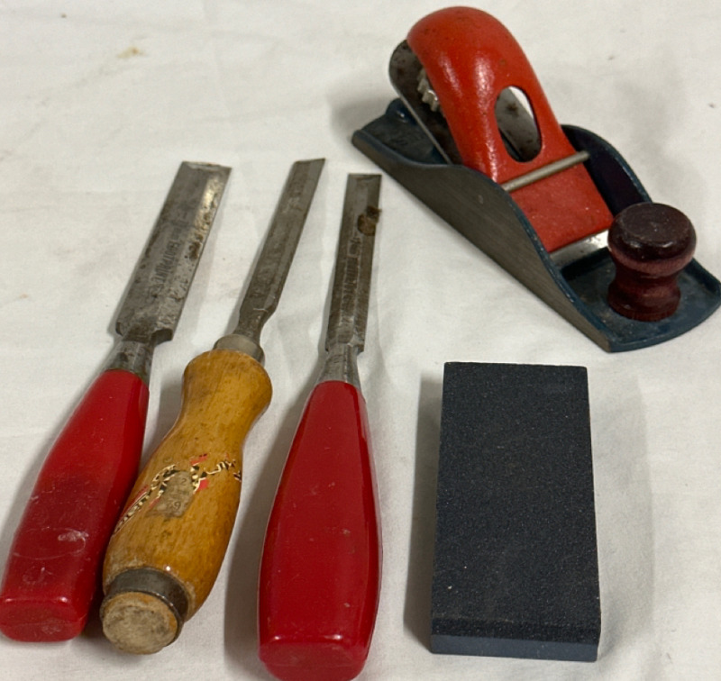 Woodworking Tools Including 3 Chisels 1 Hand Planer and a Sharpening Stone