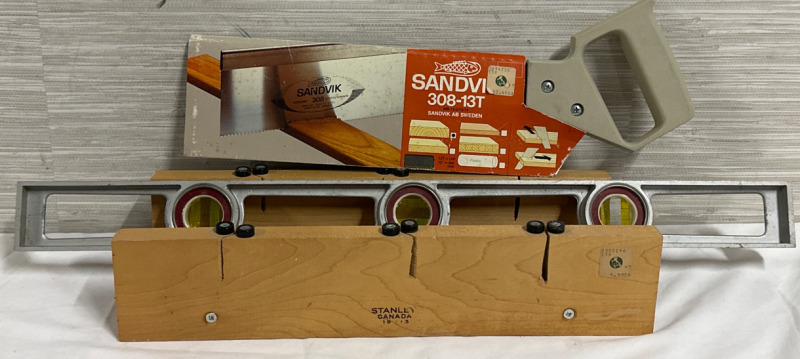 Vintage Stanley Wood Miter Box With New Sandvik Hand Saw With Vintage Beaver Lumber Price Tags & a 24” Metal Level