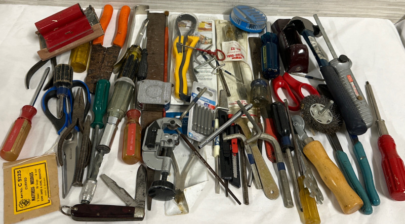 Huge Assorted Tool Lot Including Pipe Cutter Knives Sander Screw Drivers Pliers Wire Wheel and More