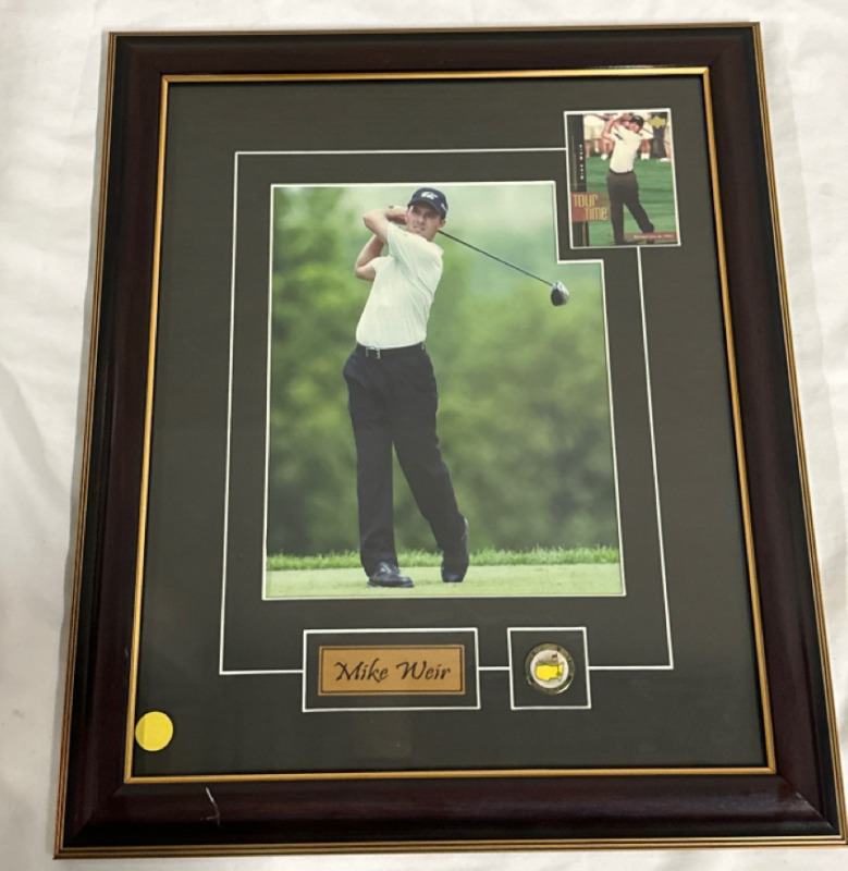 Framed Mike Weir Photo With Name Plate 2001 Upper Deck Tour Time Insert & a Augusta National Golf Club Masters Ball Marker Approximately 19” x 16”