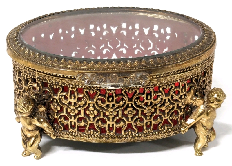Vintage Brass Casket Jewelry Box with Glass Lid & Cherub Feet | 4.25" x 3" x 2.25"