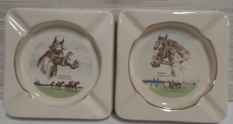 MCM Kentucky Derby Winner's Ashtrays. One is Assault and the other is Ponder 4" X 4"