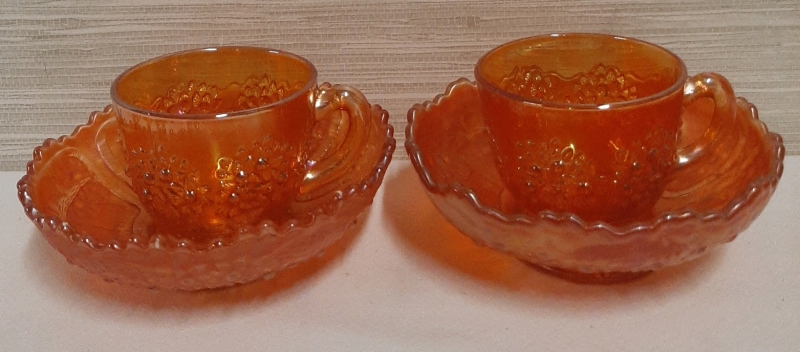 2 Vintage Carnival Glass Cup & Saucer Iridescent Marigold Flower Pattern