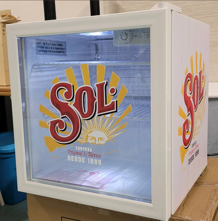 New - SOL Cerveza Mini Bar Refrigerator (46L) . Measures 17.5"&times;17.5"&times;17.5" . Tested Working