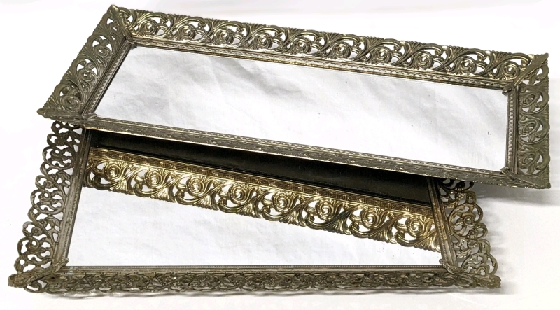 2 Vintage Mirrored Metal Display Trays | 7.25" x 17" & 14.25" x 10.5"