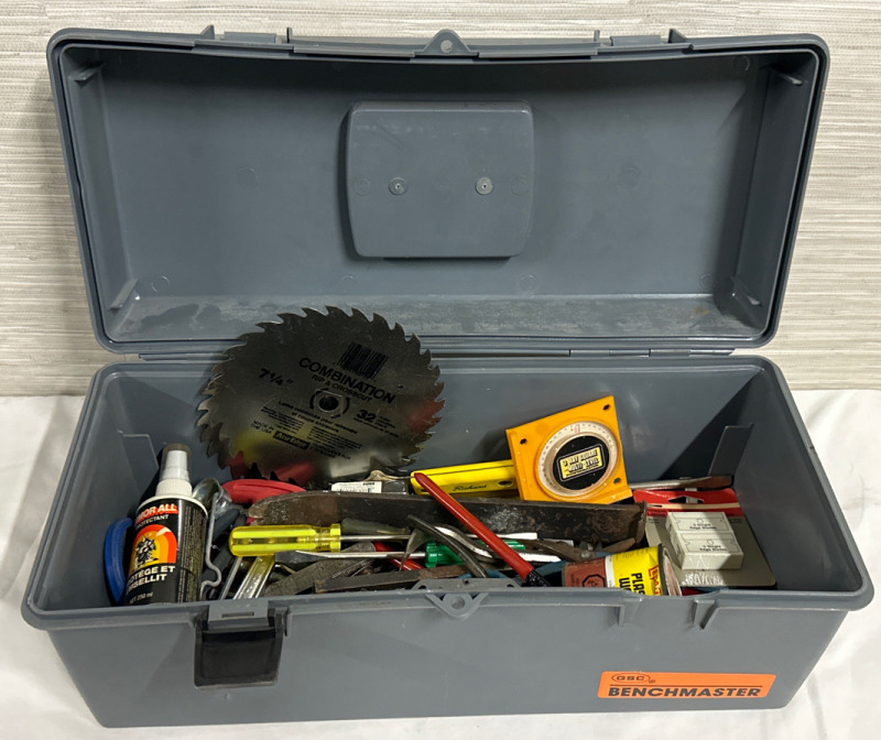 Bench master Tool Box Filled With Assorted Tools Missing One Front Clip Approximately 21” x 9” x 9”