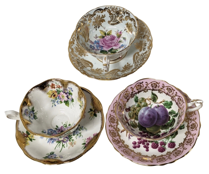 3 Vintage English Teacups & Saucers | Paragon Pink Cabbage Rose & Paragon Plum + Royal Albert