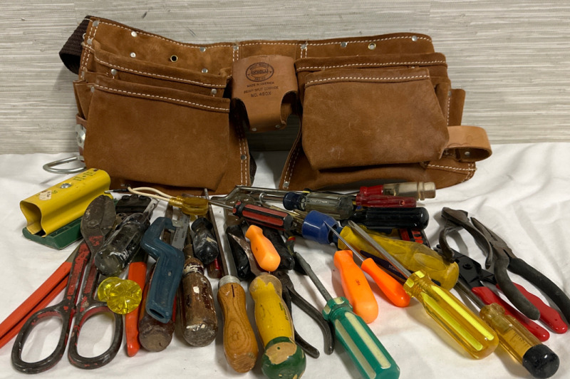 Big Lot of Assorted Tools Including a Nicholas Heavy Split Cowhide Tool Belt Pliers Screw Drivers and More